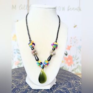 Colorful Beaded Statement Necklace Green Teardrop Pendant Multicolor Boho